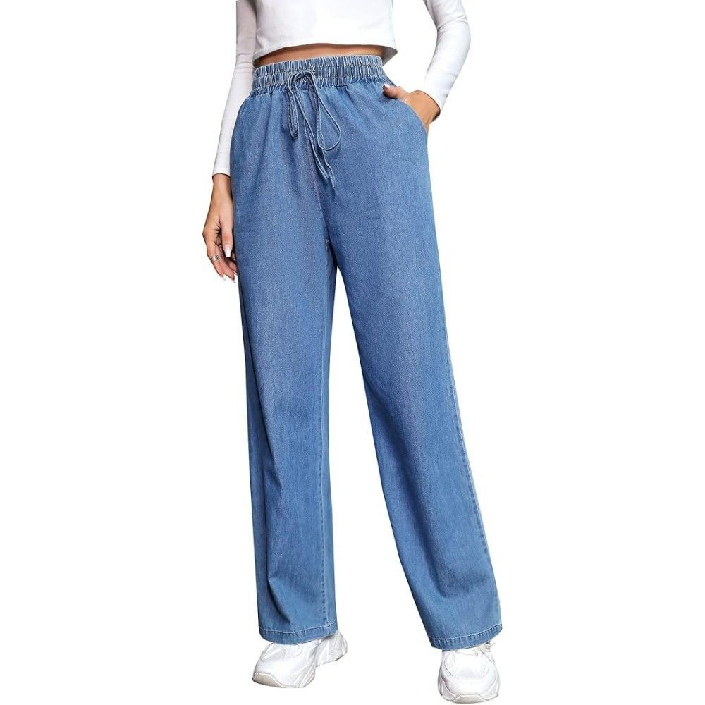 Love Welove Women's Wide Leg Jeans Medium Blue High Elastic Waisted Denim